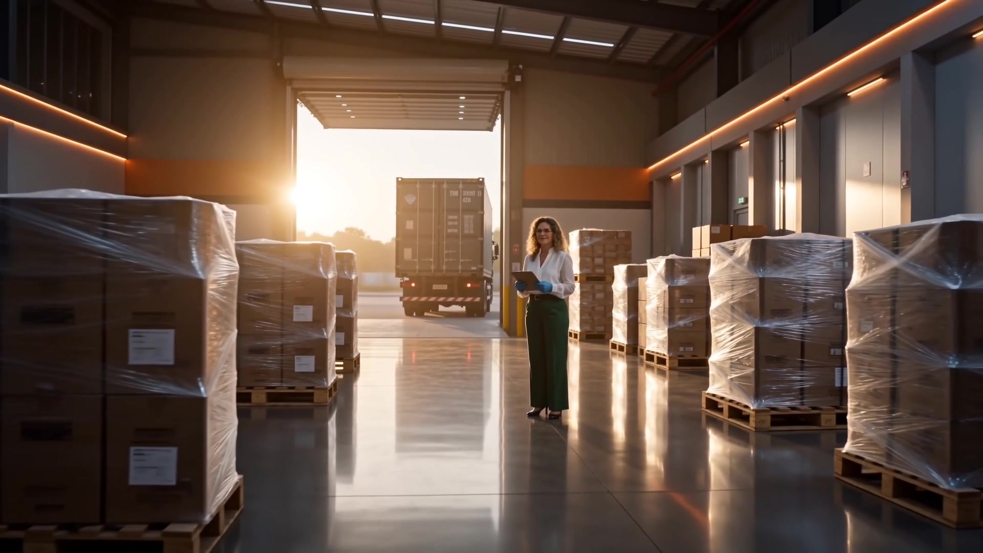 Expedição de indústria de alimentos pronta para embarque internacional, com contêiner ao fundo